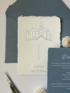 individuelle Hochzeitseinladung mit Locationzeichnung und Weißdruck